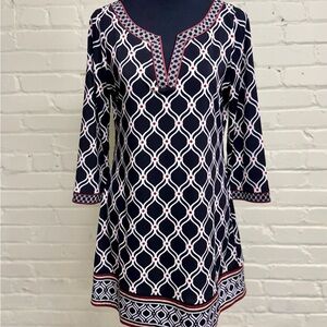WHBM Black Tunic/Mini-dress with White Geometric Lattice Design, Size S
